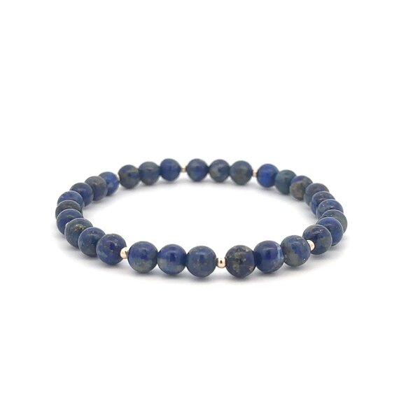 Lapis Lazuli Gemstone Beaded Stretch Bracelet with 14K Gold Accent Bead Handmade - Picture 3 of 7